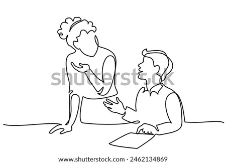 Female teacher explaining a task to a boy student. Continuous one line drawing. Learning activities in school. Back to school. Vector illustration isolated on white background