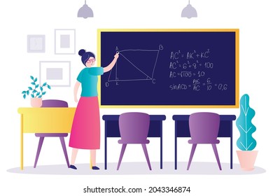 Female teacher explaining task on chalkboard to class. Mathematician explains task from geometry. Figure and solving problem on blackboard. Math lesson. Girl teaches exact science. Vector illustration
