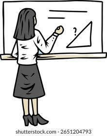 Female teacher explaining triangle shape on whiteboard