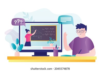 Female teacher explains geometry task in online lesson. Boy raised hand to ask question on assignment. Student writes down information from chalkboard. E-learning concept. Flat vector illustration