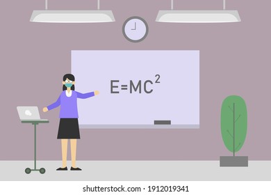Female teacher in face mask teaching online with laptop computer while explaining physics formula on whiteboard