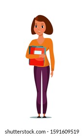 Female teacher flat vector illustration. Smiling woman holding books character. Cartoon office worker wearing according to dress code. Employee color icon isolated on white background