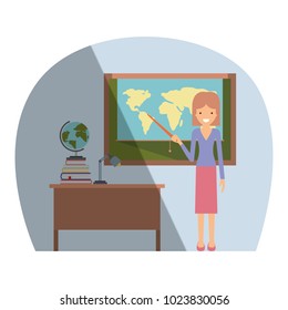 female teacher in geography class with pile books