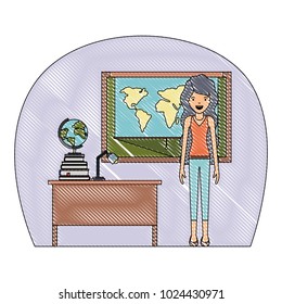 female teacher in geography class with pile books