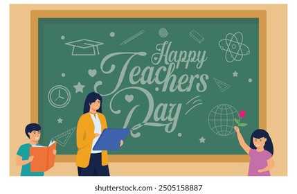 Female teacher gets gifts from her students. Teacher's day with educational doodles on the blackboard. Flat vector illustration.