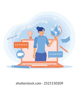 A female teacher gives lessons to students via a computer screen. Distance learning method. Online Education concept.  Flat vector illustration.