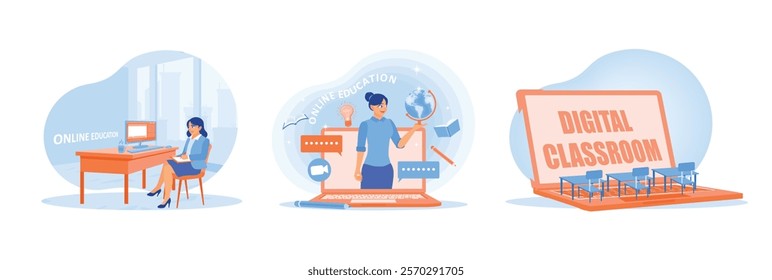 A female teacher gives lessons to students via a computer screen. Distance learning method. Digital classroom for distance learning. Online Education concept. Set flat vector illustration.