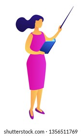 Female teacher giving a lesson and holding a book and a pointer, tiny people isometric 3D illustration. Educator and tutor, training, professor and lecture concept. Isolated on white background.