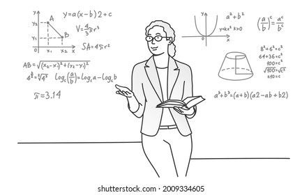 Female teacher with glasses and a book explains mathematics. Hand drawn vector illustration. Black and white.