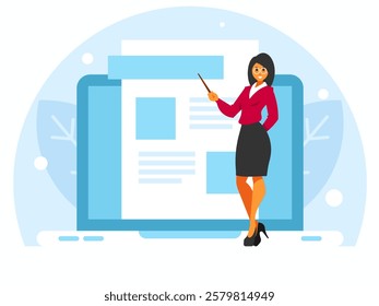 Female teacher in glasses stands with a pointer. Blog articles creation. Blog page on laptop display. Vector graphics