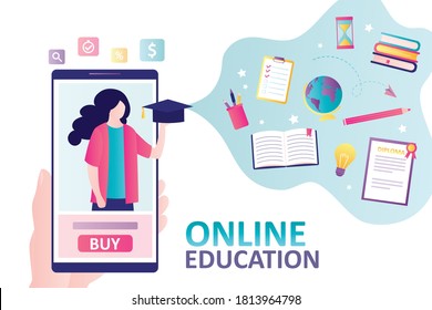 Female teacher with graduation hat on mobile phone screen. Concept of online education, buying courses and e-learning. Idea of learning and knowledge. Banner design. Flat vector illustration