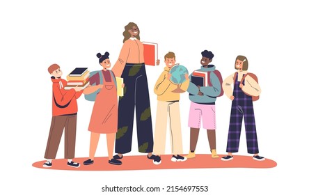 Female teacher with group of joyful kids pupils holding books, globe and textbooks. Happy class of students together. Cartoon flat vector illustration