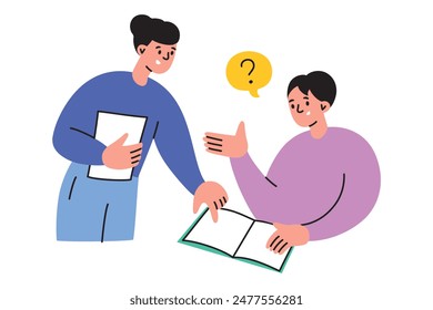 Female teacher helping student in classroom, answering his questions, correcting mistakes. Vector illustration in flat cartoon style, depicting education, learning, and academic guidance