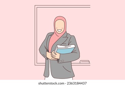 female teacher in hijab holding a book illustration. Muslim woman, teacher illustration