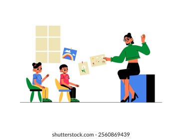 Female Teacher Holding Artwork With Two Students In A Classroom In Flat Vector Illustration Symbolizing Education, Creativity, And Learning, Isolated On White Background.