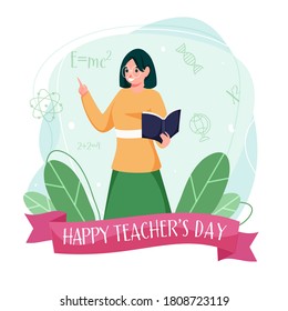 Female Teacher Holding Book with Index Finger and Green Leaves on White Background for Happy Teacher's Day.