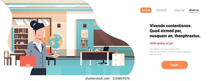 Female teacher holding globe over class room interior background woman cartoon character school classroom flat horizontal banner copy space vector illustration