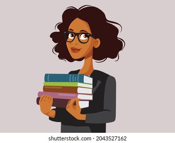 Female Teacher Holding Many Textbooks Vector Illustration. Beautiful young woman studying hard for difficult exam
