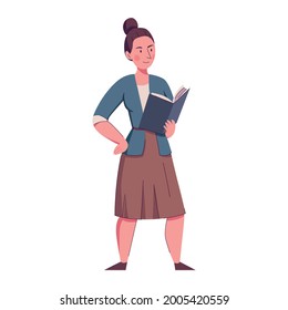 Female teacher holding open book flat vector illustration