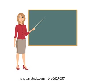 Female teacher holds pointer in her hand and showing on blackboard. Vector illustration of school pedagogue in classroom at lesson in cartoon flat style.