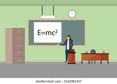 Eine Lehrerin im Klassenzimmer unterrichtet Physik. Teacher flaches Charakterdesign mit Klassenraum-Inneneinrichtung Vektorgrafik. Erziehungs- und universitäre Concept Illustration mit Tafel und Lehrertisch.