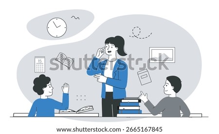 Female teacher interacting with two students in a classroom setting, surrounded by books and educational icons, on a grey abstract background. Concept of education. Vector illustration