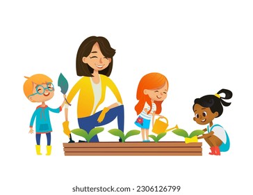 Female teacher and kids engaged in gardening in the backyard. Girl watering flowers in the garden. Eco concept. Montessori education concept. Organic gardening. Vector illustration.