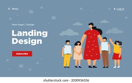 Female teacher and kids walking outdoors. Woman watching group of school children on grass. Vector illustration for pedagogy, education, daycare concept
