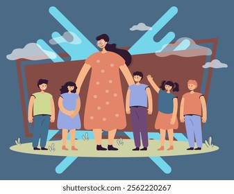 Female teacher and kids walking outdoors. Woman watching group of school children on grass. Vector illustration for pedagogy, education, daycare concept