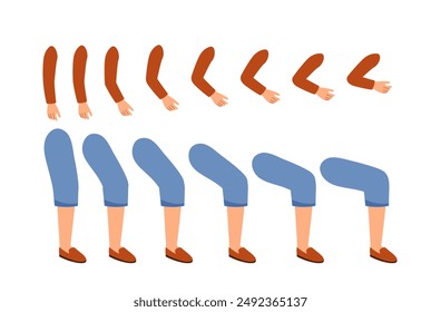 Female teacher legs and arms set. Feet and hands in suit. Pack of legs in arms. Design elements for creating animations. Education and learning. Woman constructor. Flat vector collection