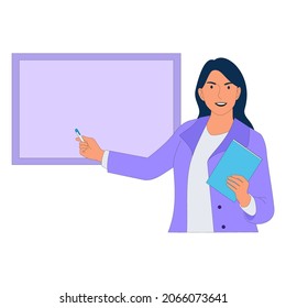 female teacher at lesson on blackboard in class. Vector image