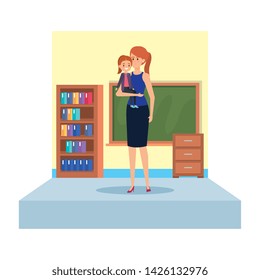 female teacher and little girl in school classroom