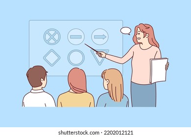 Female teacher make presentation in automotive courses. Woman tutor talk explain at lesson in driving school to pupils or students. Vector illustration. 