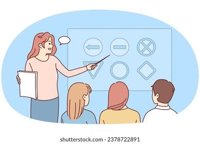 Female teacher make presentation in automotive courses. Woman tutor talk explain at lesson in driving school to pupils or students. Vector illustration.
