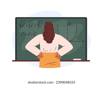 Female teacher makes mathematical calculations on a chalk board, formulas, integrals, equations and graph. Mathematician operations, math education concept