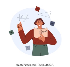 Female teacher makes mathematical calculations formulas and graph. Mathematician operations, math and geometry education concept. Vector illustration isolated on white background