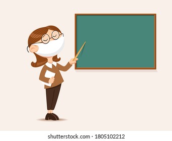 A female teacher in a medical mask on her face at the blackboard with a pointer in her hand. Stock vector illustration.