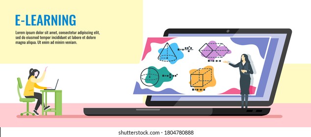 Female Teacher, Mentor or Professor Teach Subject on Online Class During Distance Learning or Remote Study Conference Webinars Display Screen on Laptop. Math Volume Equation on Large White Board. 