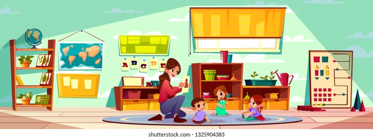 Female teacher of montessori kindergarten or pre-primary school studying alphabet letters with group of little children siting on carpet cartoon vector illustration. Early childhood education concept