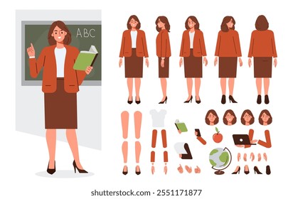 Female teacher near school board. Character constructor for animation. Front, side and back view set. Body parts, postures, poses collection. Vector illustration.