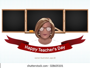 Female teacher on a background of black chalkboard. Back to school. Teacher's Day. Vector illustration.