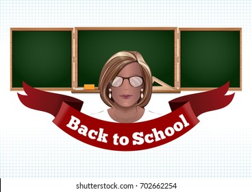Female teacher on a blackboard background. Back to school card. Young cute teacher in class. Vector illustration