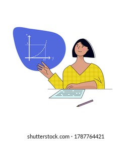 Female teacher on lesson at blackboard in classroom. Teacher with pointer, teacher showing on board. Tutor needs to be enthusiastic and needs to like his subject