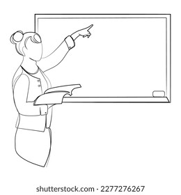 Female teacher with an open book in her hand points a finger at a chalk board Line art drawing vector illustration.Female professor at a lesson black and white sketch drawing.Education concept