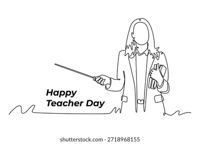 Female teacher with pointer. Teacher day concept. Single line draw design. Vector graphic illustration