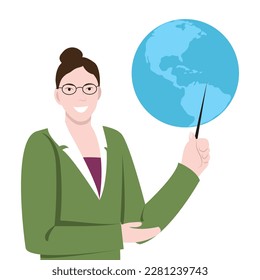 A female teacher with a pointer in her hand points to a map of the western hemisphere. Vector illustration. Teacher of geography