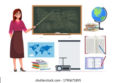 Female teacher with pointer standing near blackboard. Back to school set: globe, textbooks, maps, video projector, teacher`s grade book, diary and notebooks. Vector character illustration