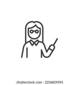 Female teacher with pointer stick line icon. linear style sign for mobile concept and web design. Woman teacher outline vector icon. Symbol, logo illustration. Vector graphics