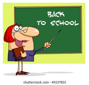 Female Teacher Pointing Back School Chalkboard Stock Vector (Royalty ...