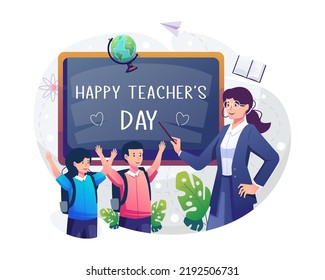 A female teacher is pointing at the blackboard that says happy teachers day with her two students. Vector illustration in flat style